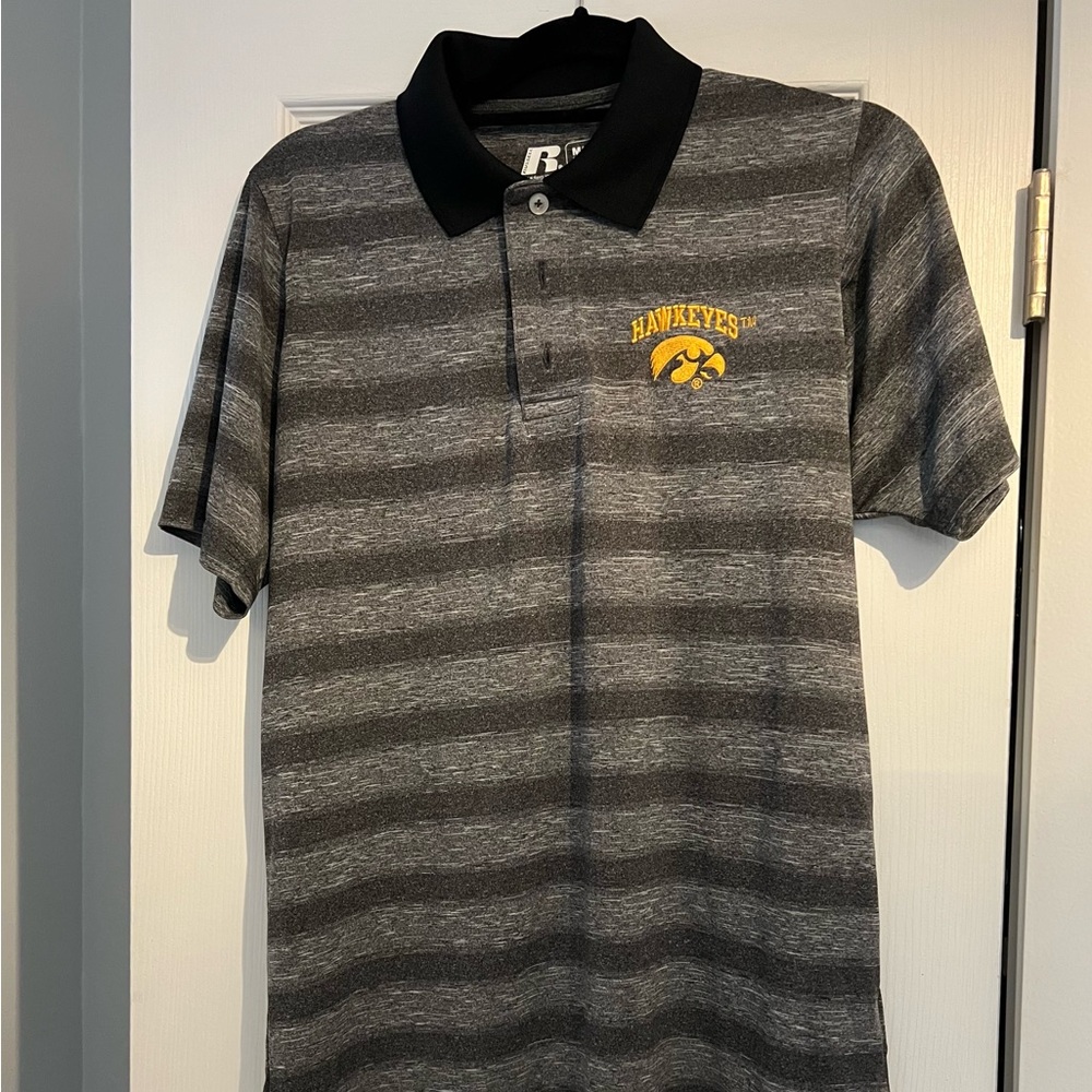 Iowa Hawkeyes men’s Russell strip polo, sizes, washed, never worn.